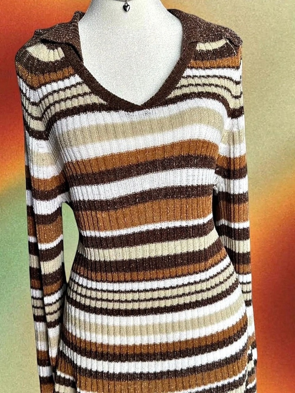 K Studio Striped v Neck Sweater in Brown & White